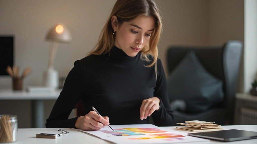 Professionele designer aan het werk met kleurenpalet en typografische elementen op modern bureau