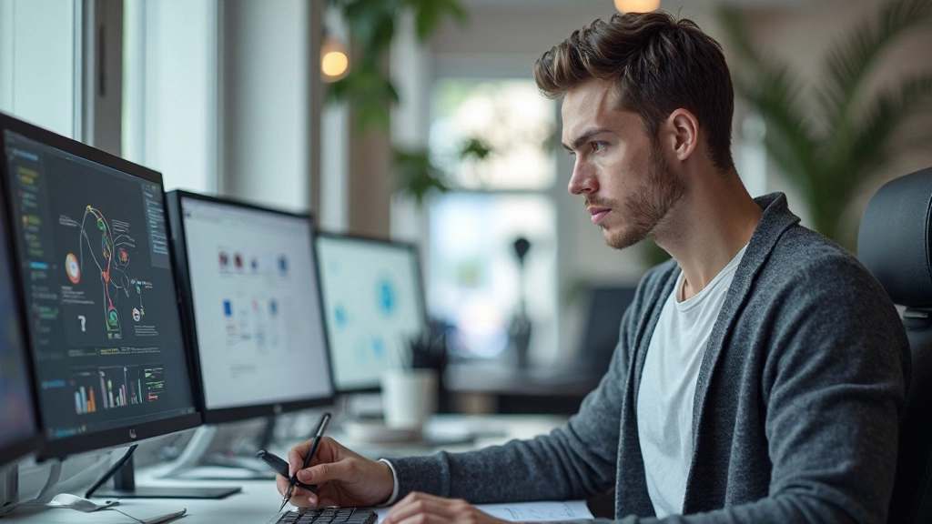 Designer aan het werk met icoonsysteem op digitaal canvas, draaiende verschillende design-tools en versieprocedures